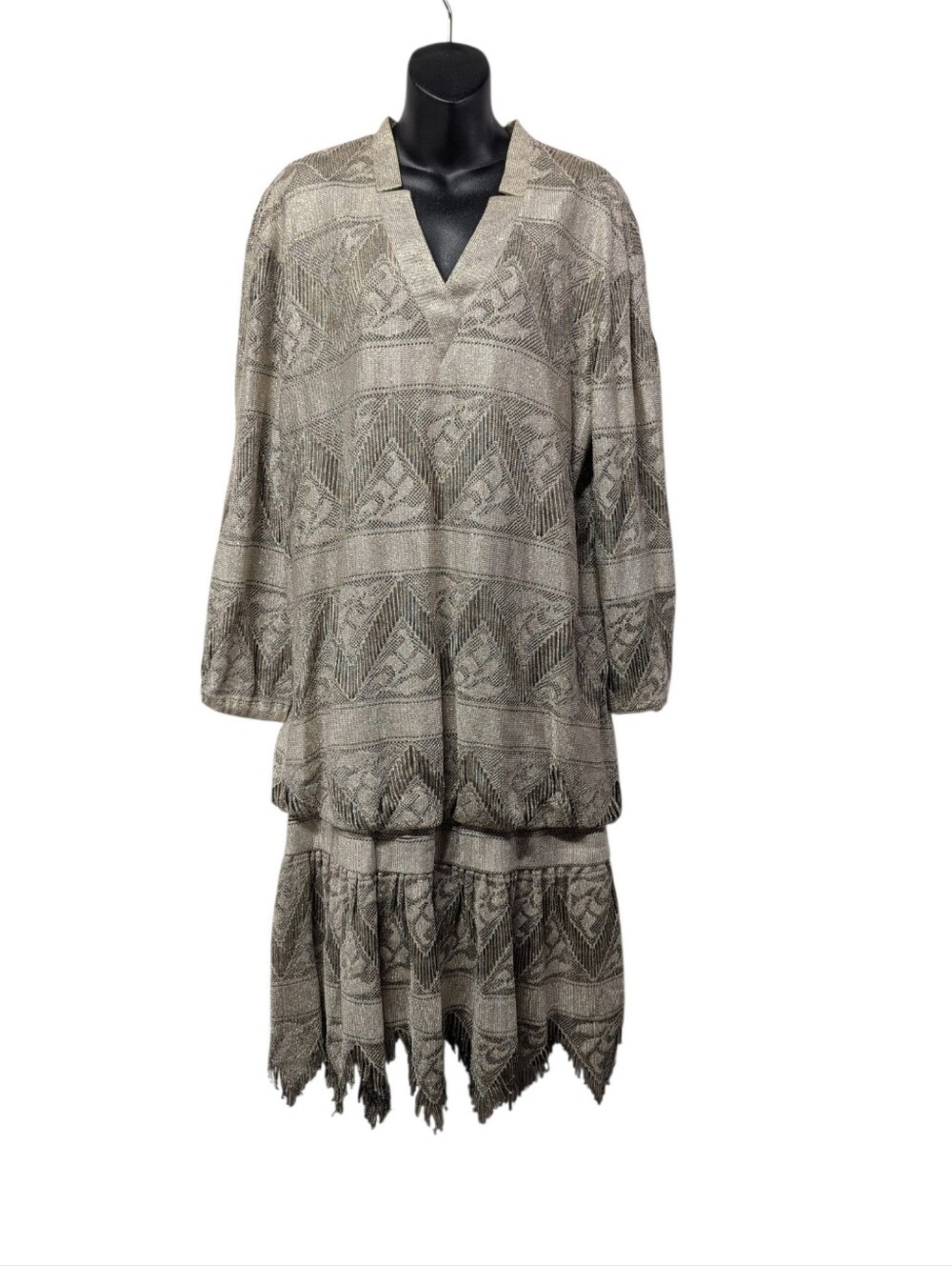 Vintage Roz & Sherm Metallic Lurex Knit Fringe Drop Waist Dress Size Large